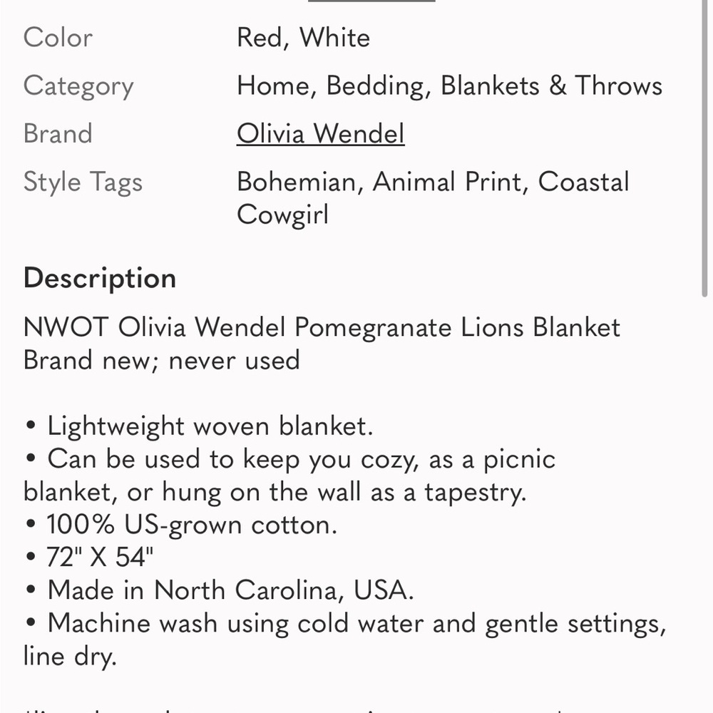NWOT Olivia Wendel Pomegranate Lions Blanket - Picture 2 of 7